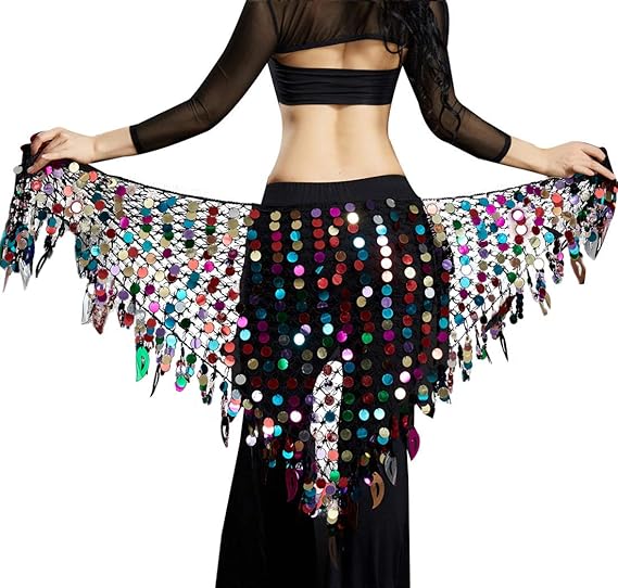 Aivtalk Women Belly Dance Hip Scarf Sequins Mesh Triangle Wrap Skirts